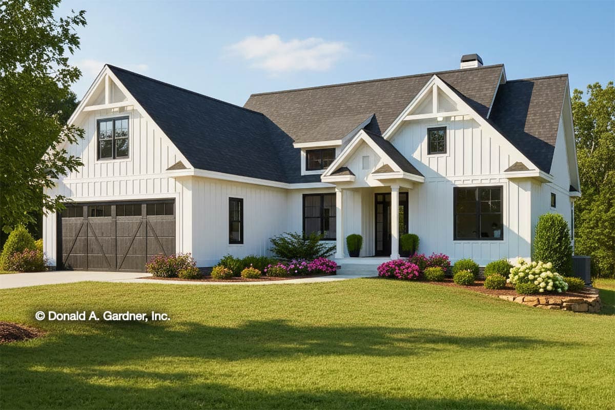 Plan 444042GDN: Statement-Making Modern Farmhouse Plan with Open-concept Living Space - 1570 Sq Ft - Image #1 - Country, Farmhouse, Modern Farmhouse, New American, Ranch
