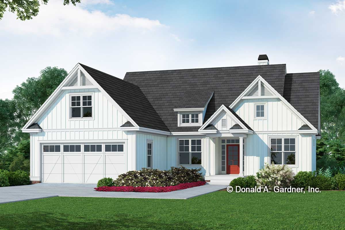 House plan exterior. Modern Farmhouse style with gabled rooflines, dormers, and attached garage. Includes a covered front porch with a red door.