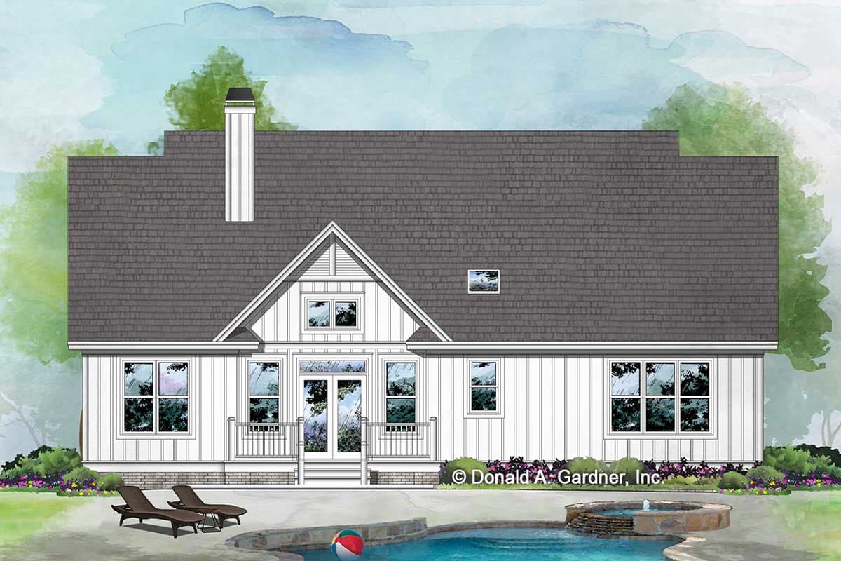 House plan exterior featuring a Gable style roof, prominent chimney, and central double doors with surrounding windows.