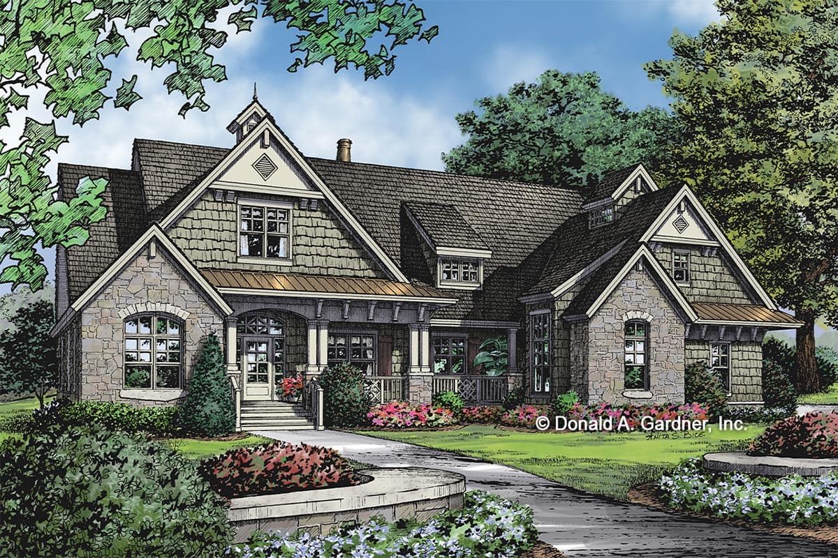 House plan exterior with stone and shingle siding, covered porch with columns, multiple gables, and dormer windows.