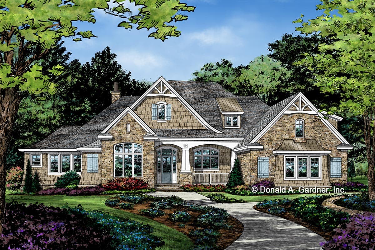 House plan exterior featuring a stone facade, gabled roof, and covered porch. The design includes dormers and multiple window styles.