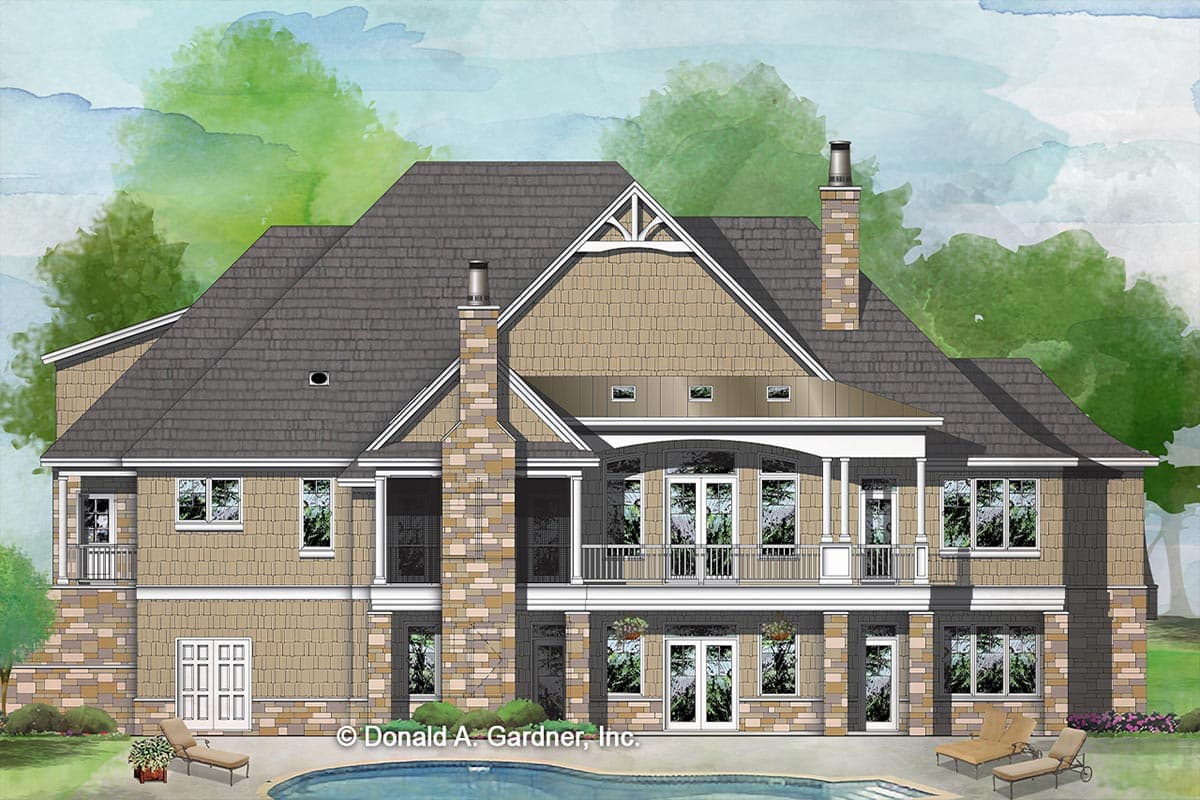 House plan exterior shows a two-story home with stone and shingle siding, multiple gables, and a covered balcony.