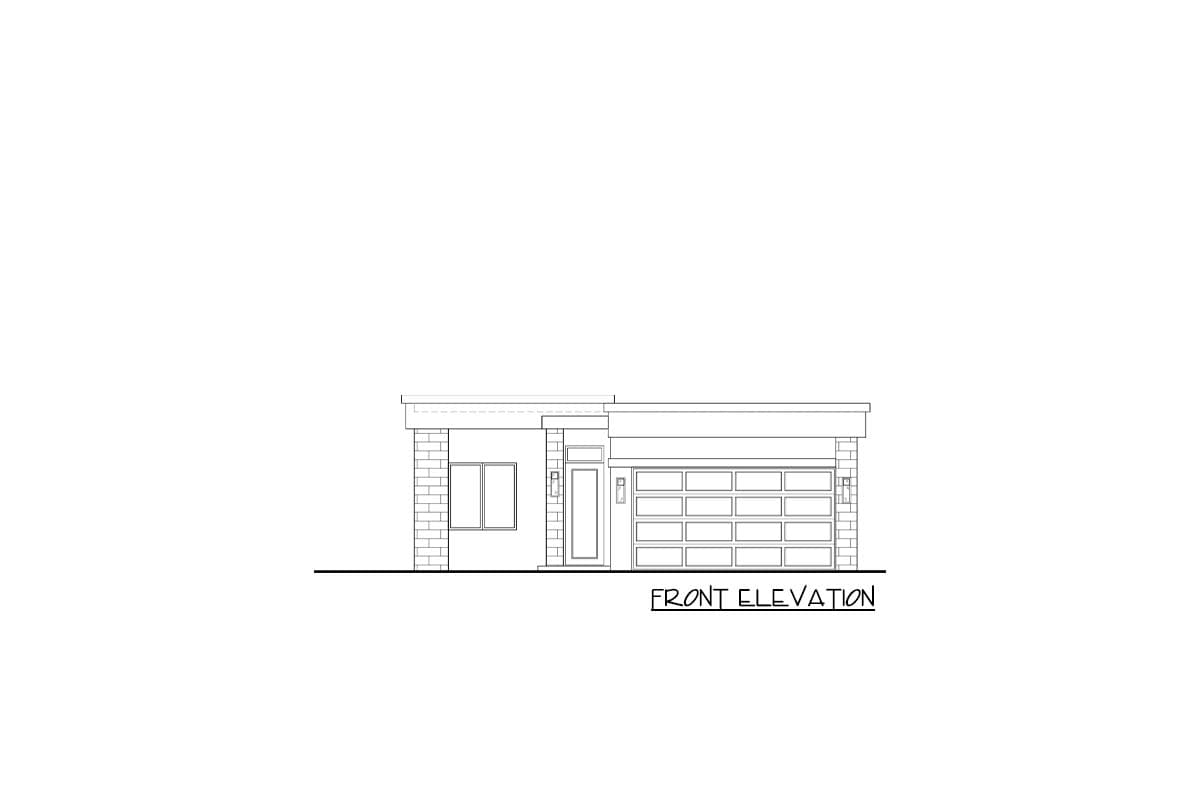 Front elevation drawing of a single-story modern house plan with a two-car garage, window, and entrance.