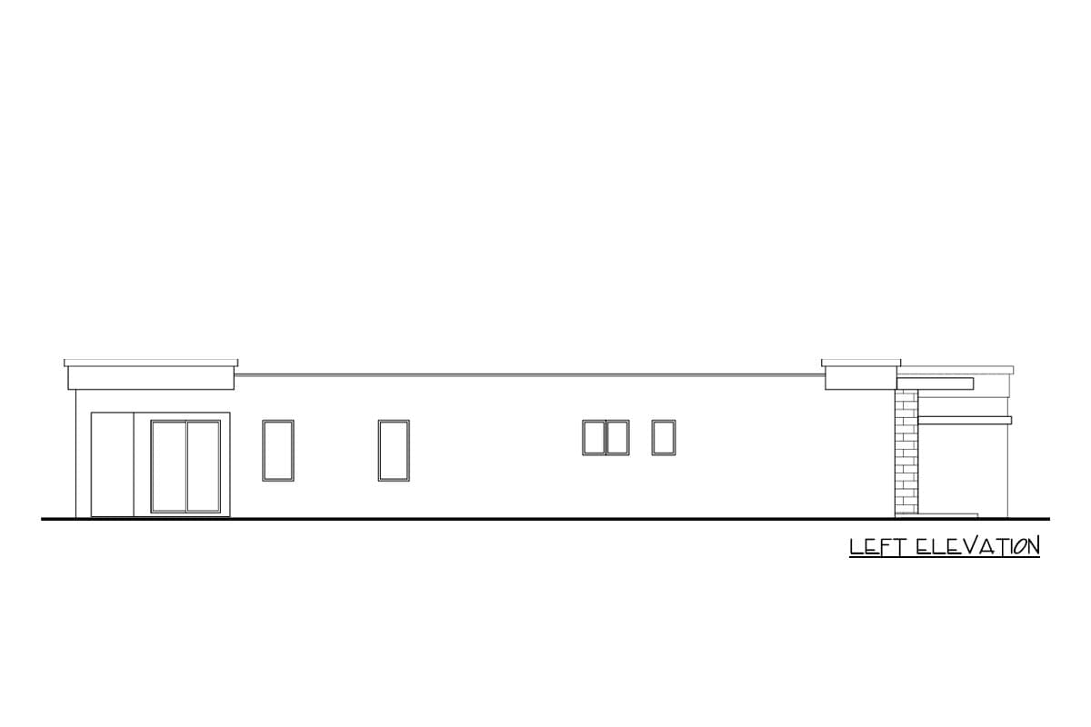 Floor plan drawing, left elevation view of a single-story house with sliding glass doors and multiple windows.