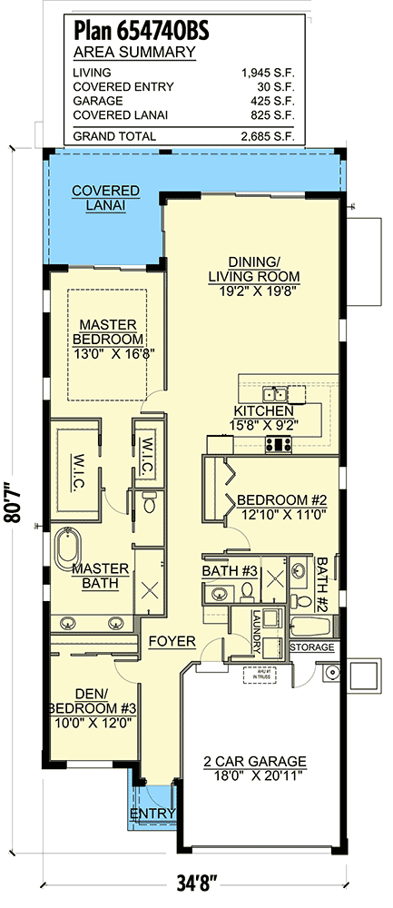 Plan 65740BS: Contemporary One-story House Plan Suitable for a Narrow Lot - Floor Plan - Main Level - Coastal, Contemporary, Florida-Style, Modern