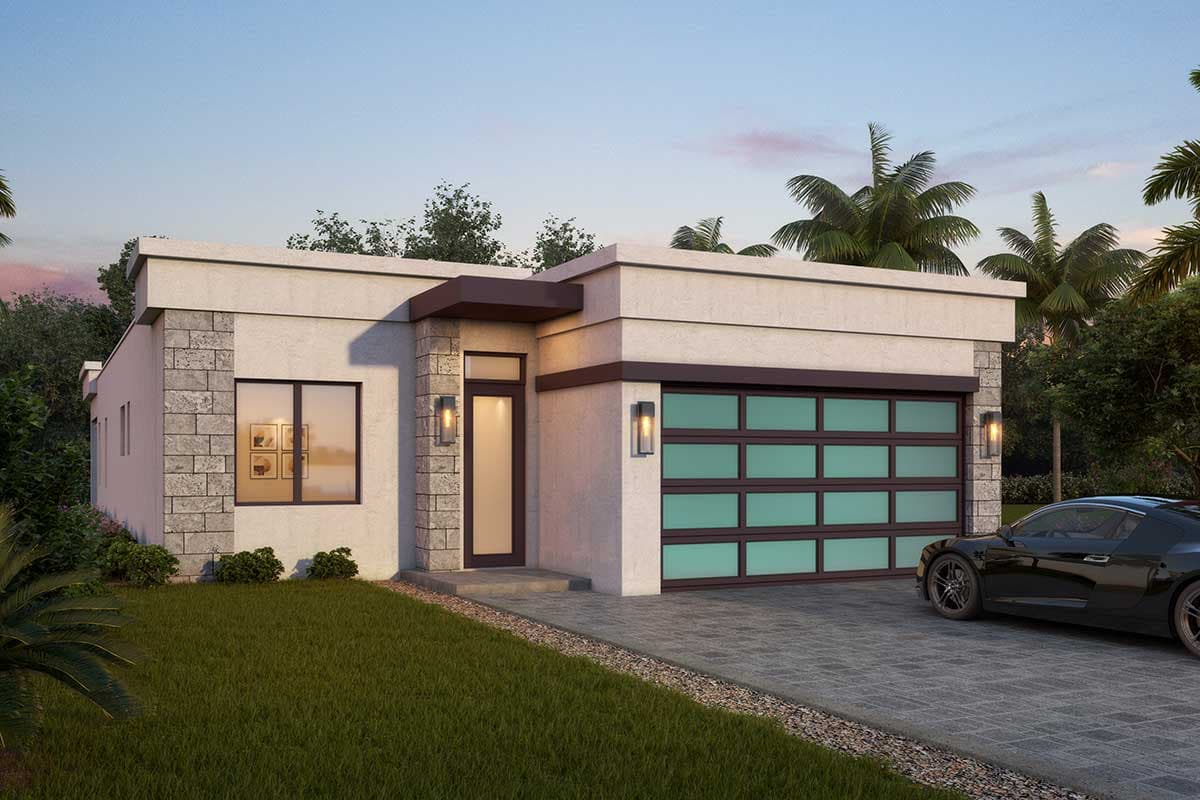 House plan exterior. Modern style, single story. Features include flat roof, glass garage door, and stone accents. Entry with recessed porch.