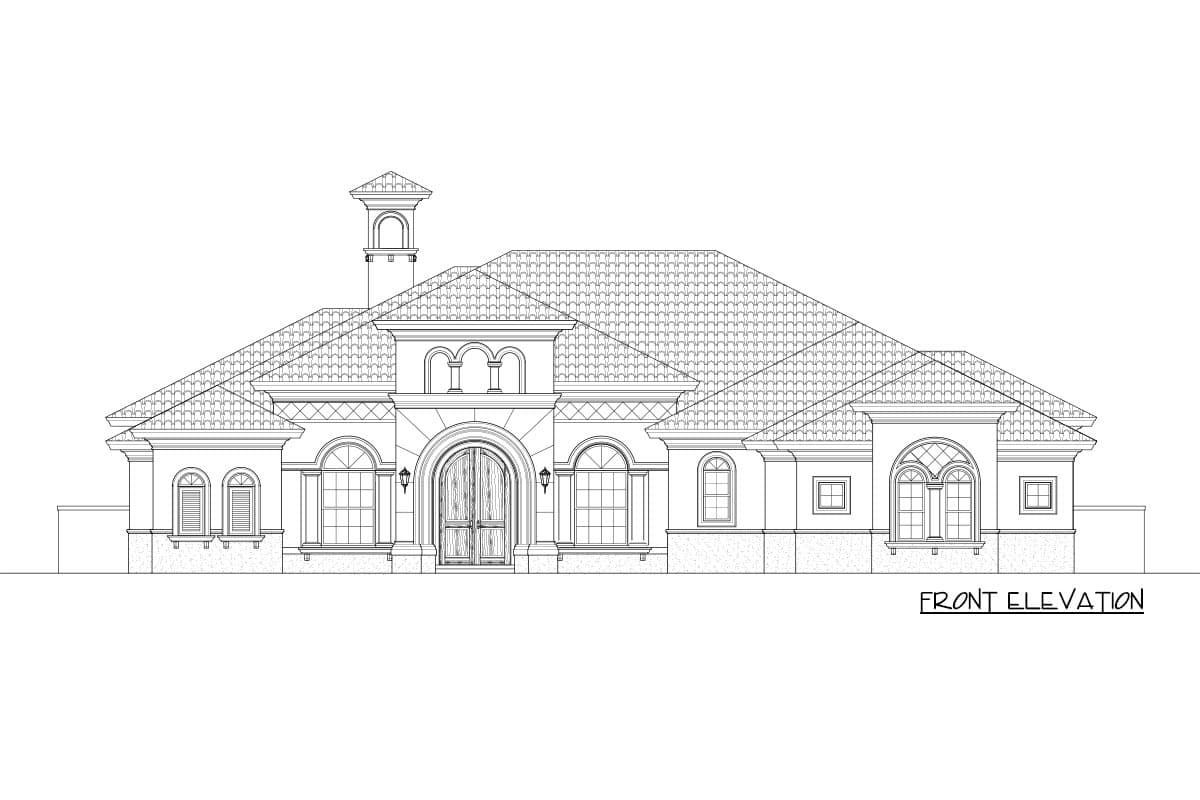 Front elevation drawing of a one-story house with a tiled roof, arched entry, and multiple gables.