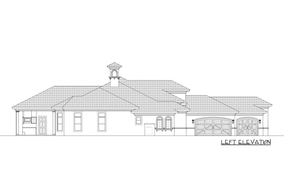 Left elevation house plan showing a single-story structure with a tiled roof, arched windows, a covered entrance, and a three-car garage.