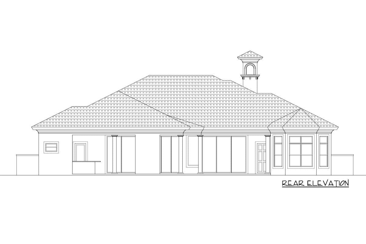 Rear elevation drawing of a house plan showing large windows, a covered patio, and a decorative chimney.