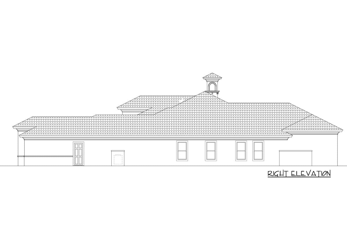 Right elevation house plan with tile roof, arched tower, multiple windows, and a double-door entrance.
