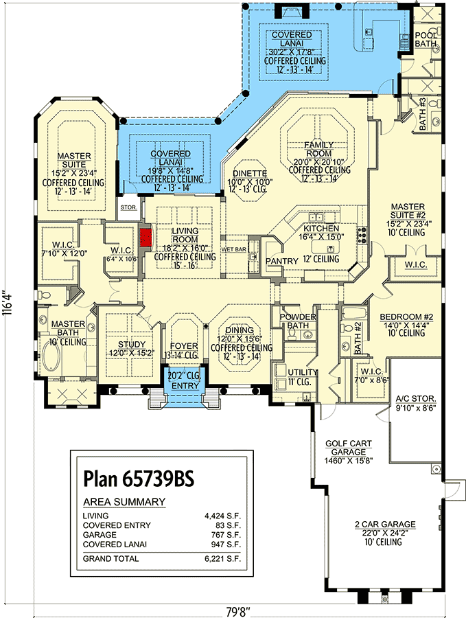 Plan 65739BS: Coastal Mediterranean-style House Plan with Golf Cart Garage and Large Lanai - Floor Plan - Main Level - Coastal, European, Florida-Style, Mediterranean, Transitional