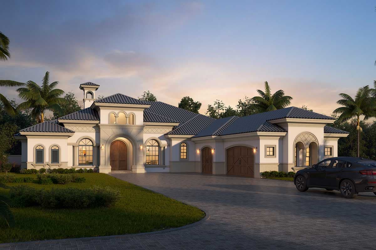 House plan exterior. Mediterranean-style, one-story home with barrel tile roof, arched entryway, and attached garage. Driveway with a car.