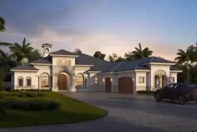 Coastal Mediterranean-style House Plan with Golf Cart Garage and Large Lanai