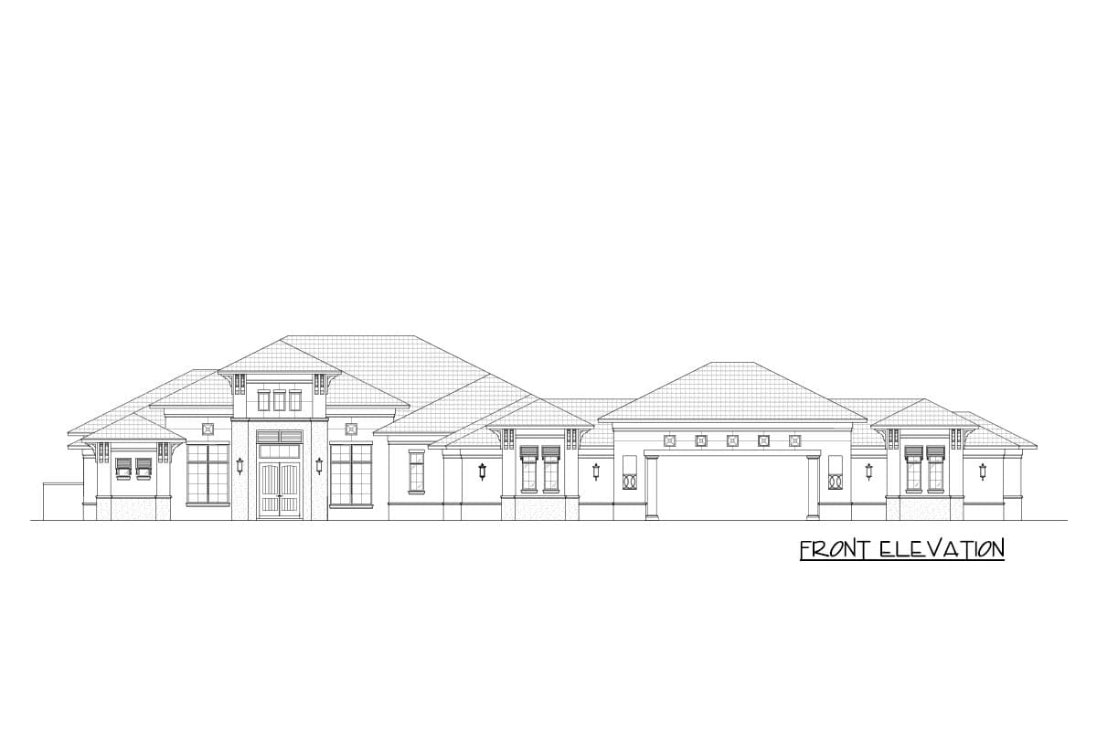Front elevation drawing of a single-story house plan featuring multiple gables, a central entrance, and a detached garage.