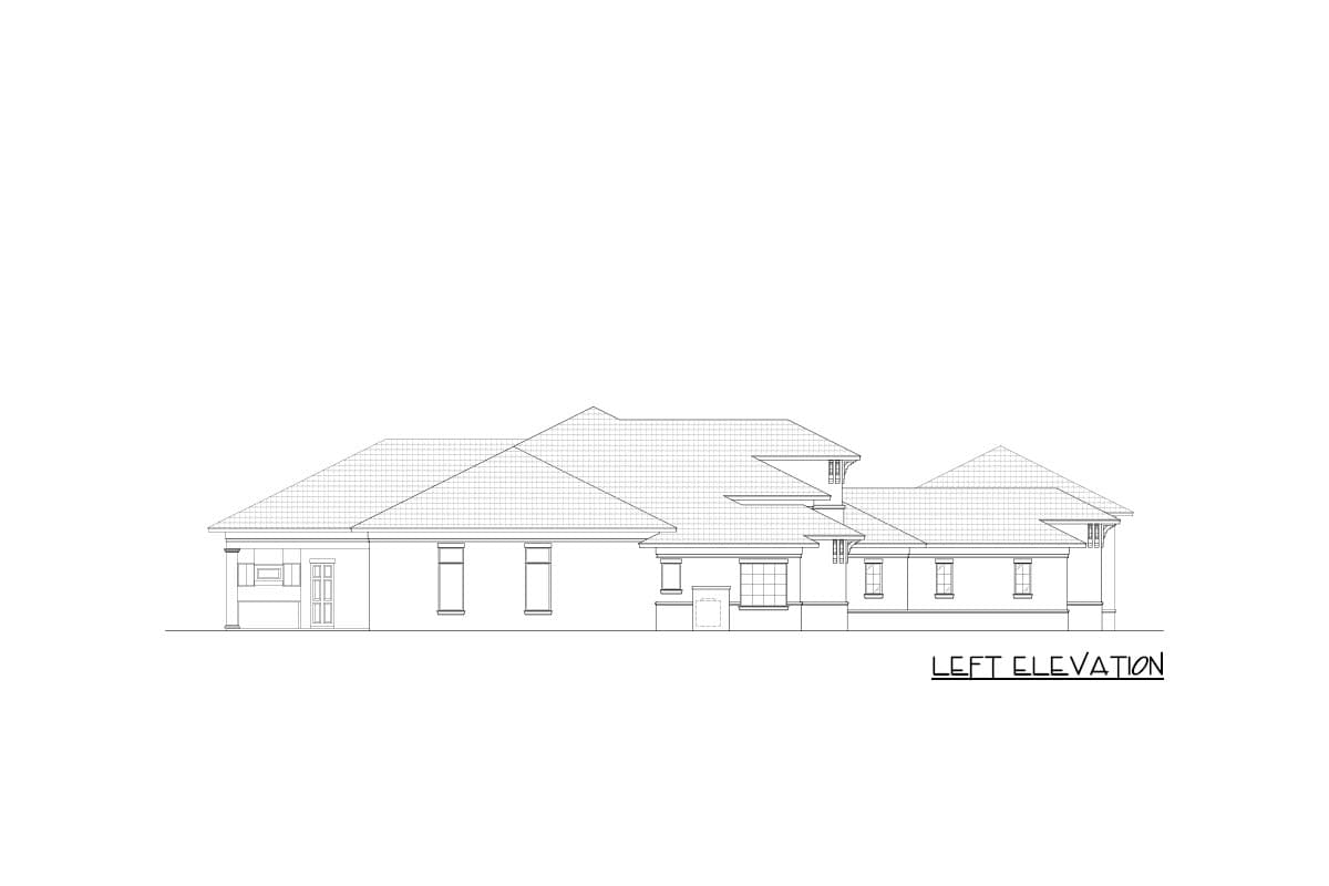 Left elevation drawing of a single-story house plan with hip roofs, covered porch, and numerous windows.