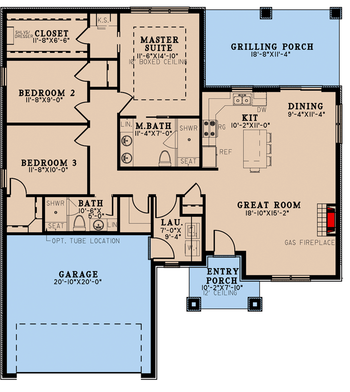 Plan 70716MK: Brick-Clad Ranch with 3 Bedrooms and Grilling Porch - 1491 Sq Ft - Floor Plan - Main Level - Contemporary, Mid Century Modern, Ranch, Southern