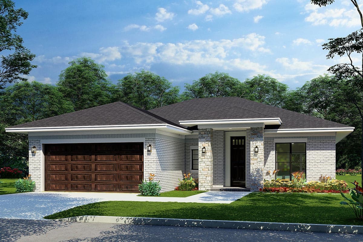 House plan exterior. Single-story contemporary home with brick facade, gable roof, and attached garage. Stone accent pillars frame the front entry.