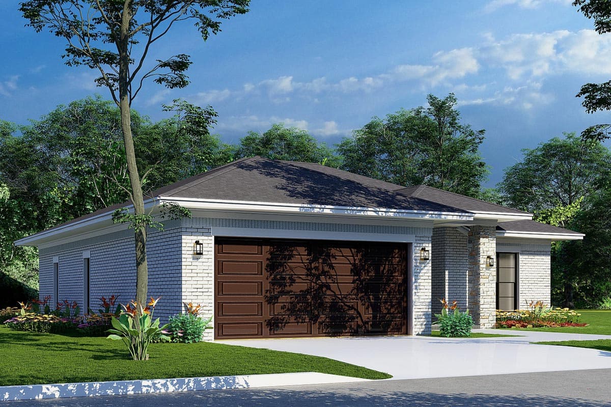 House plan exterior of a single-story modern home with white brick facade, a dark brown garage door, and a gable roofline.