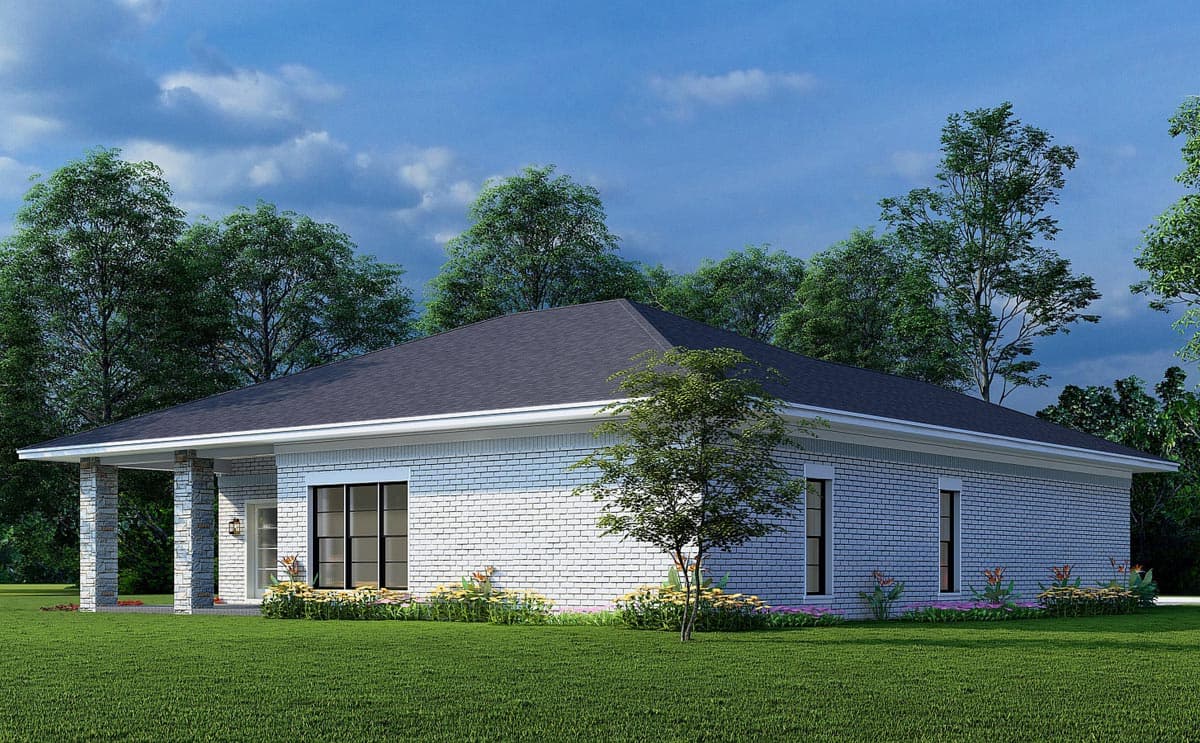 House plan exterior, single-story home with white brick, hipped roof, covered porch with stone columns, and large grid windows.