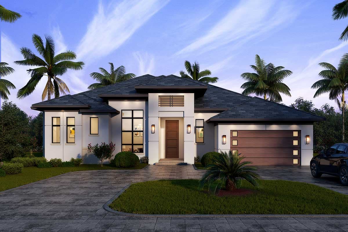 House plan exterior. Modern style, single story. Features include flat roofline, recessed entry, and attached garage with wood door.