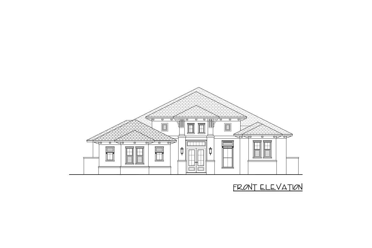 Front elevation drawing of a single-story house plan with a prominent hip roof, double doors, and multiple windows.