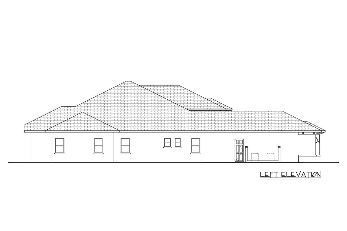 Left elevation drawing of a single-story house plan with multiple gables, various window configurations, and a covered porch.