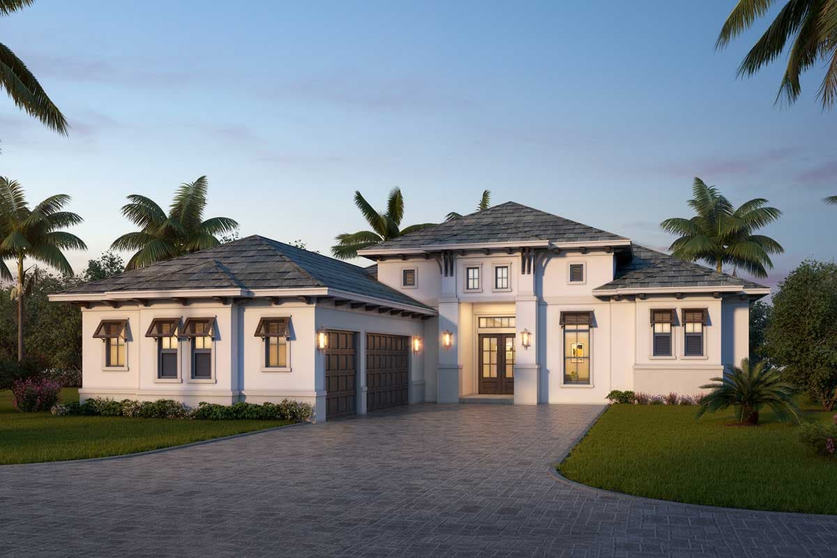 House plan exterior with a two-story design. Features include a hipped roof, attached garage, and a covered entry. Windows include shutters.