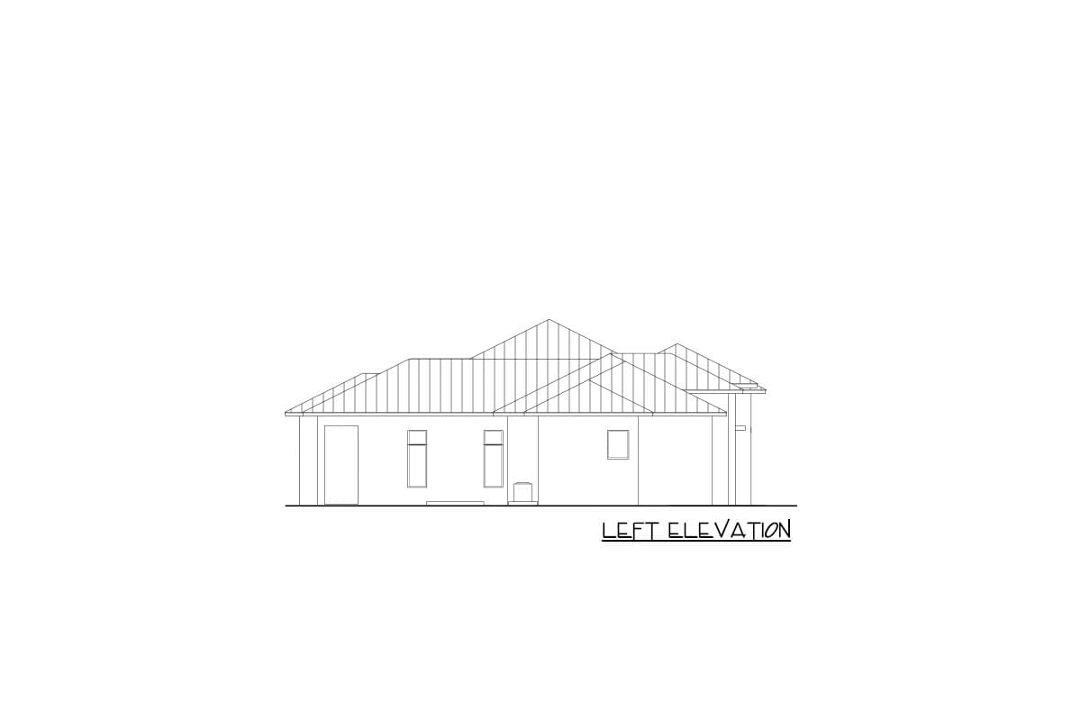 Left elevation drawing of a single-story house plan with multiple gables and a hipped roof.