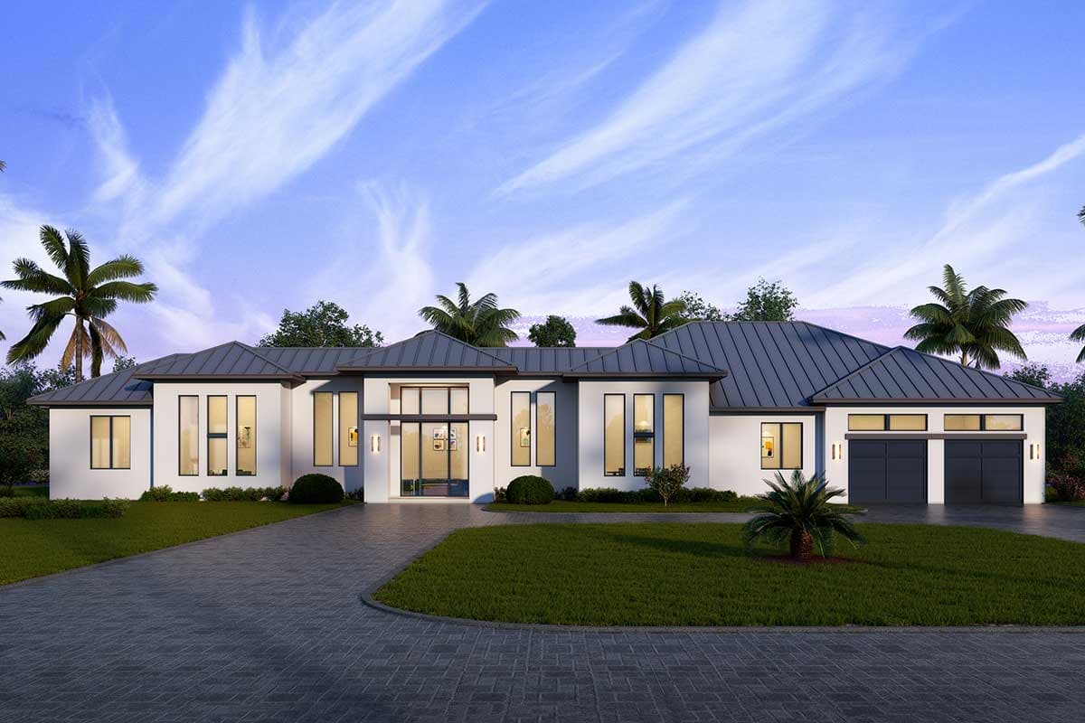 House plan exterior. Modern style, single-story home. Features include a flat roof, large windows, and a two-car garage.