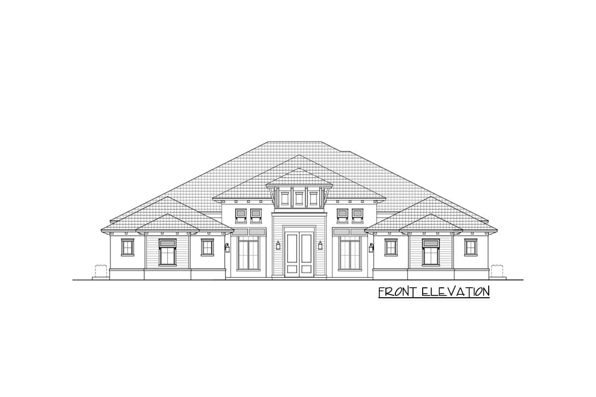 Front elevation drawing of a modern house plan with a hipped roof, double entry doors, and numerous windows.