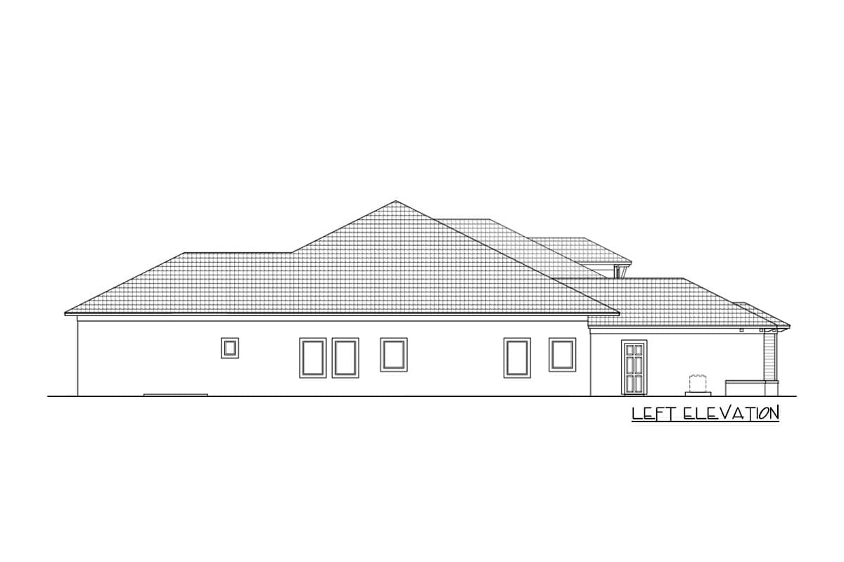 Left elevation of a one-story house plan showing multiple rooflines, windows, and a covered entry.