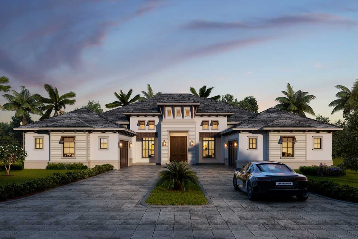 House plan exterior. Two-story home with a hip roof, craftsman style, and multiple dormers. Features include a front-entry garage and wooden door.