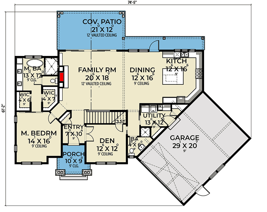 Plan 280145JWD: Transitional 3-Bedroom Modern Farmhouse with 2-Car Angled Garage - Floor Plan - Main Level - Craftsman, Modern Farmhouse, New American, Northwest, Transitional