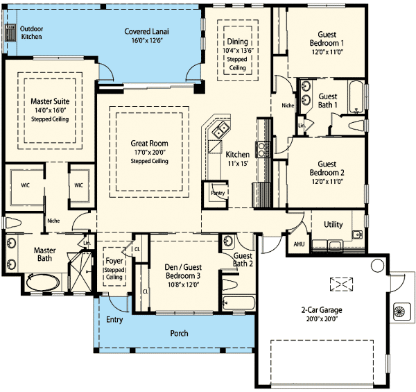 Plan 33108ZRX: One Story House Plan with Flex Room and Outdoor Kitchen - 2209 Sq Ft - Floor Plan - Main Level - Southern
