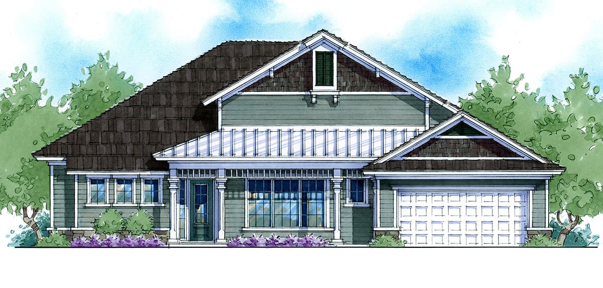 Craftsman style house plan exterior, one story, with a covered front porch, gables, dormers, and attached garage.