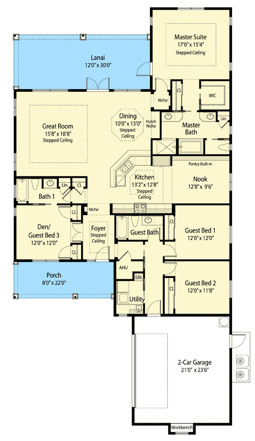 Plan 33111ZRX: 48-Foot-Wide House Plan with 3 Beds and a Flex Room - 2460 Sq Ft - Floor Plan - Main Level - Southern