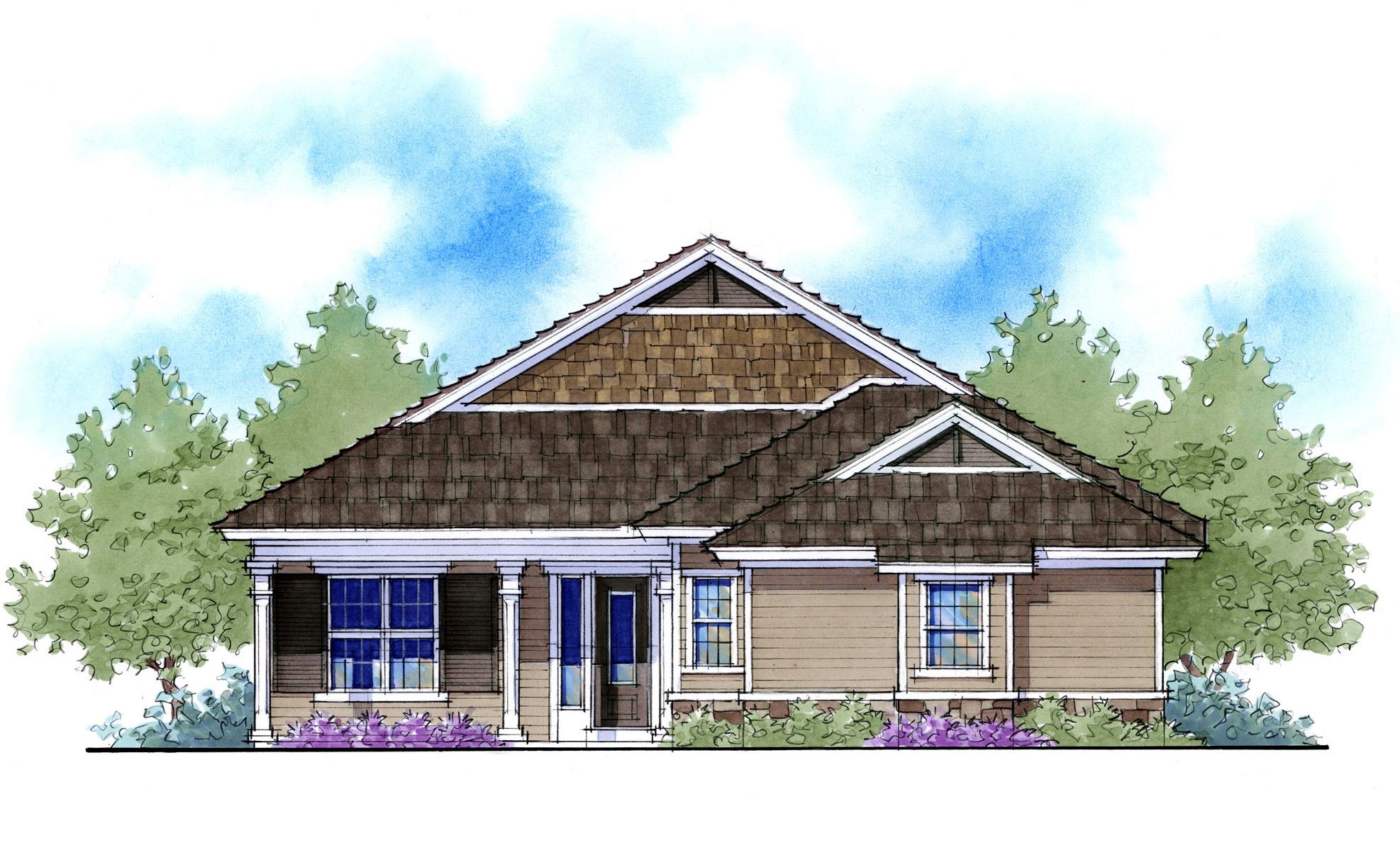 House plan exterior with a prominent front gable, cedar shingle siding, and a covered porch with square columns.