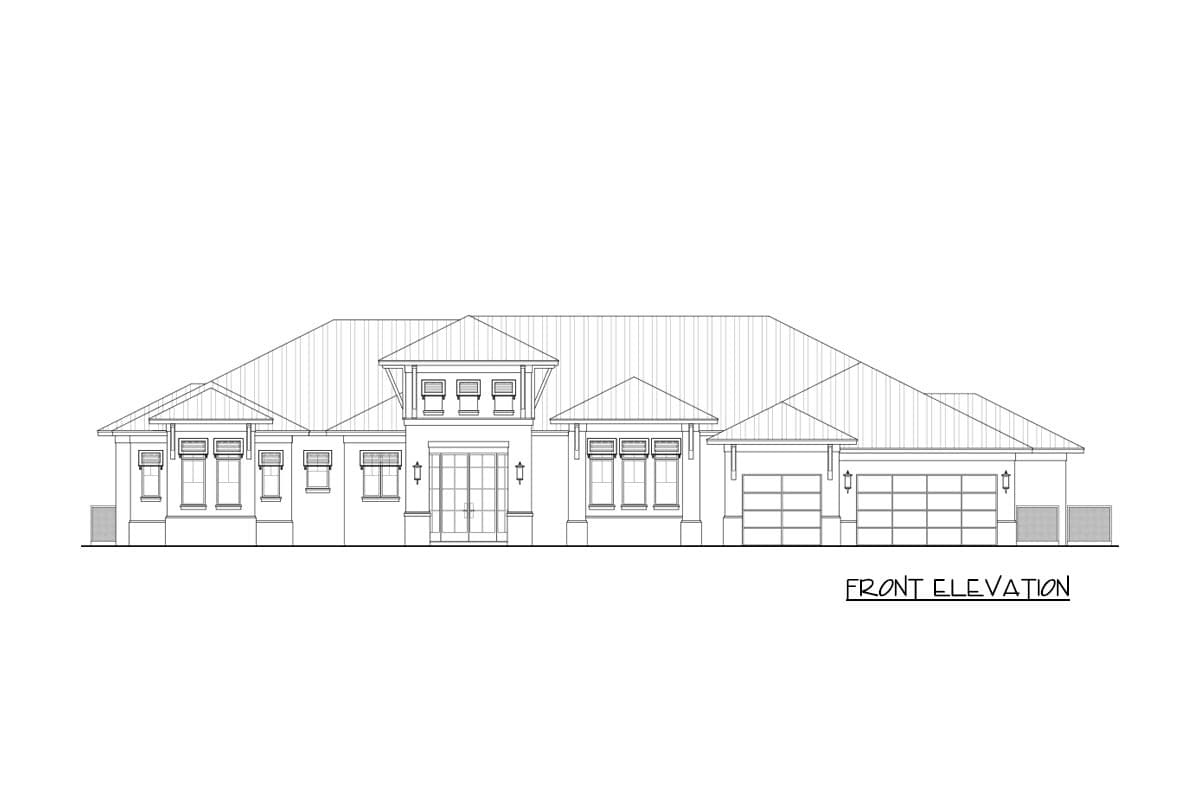 Front elevation of a single-story house plan with a multi-pitched roof, double doors, multiple windows, and a two-car garage.