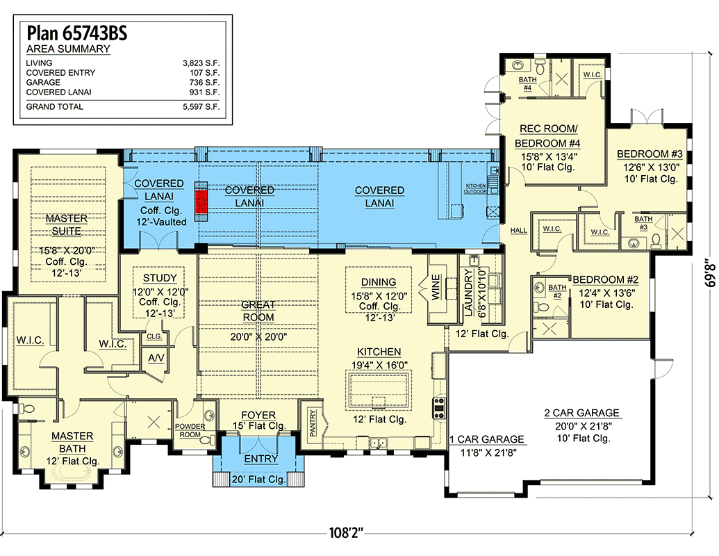 Plan 65743BS: Transitional Florida Home Plan with European Influences - Floor Plan - Main Level - Coastal, European, Florida-Style, Mediterranean, Transitional