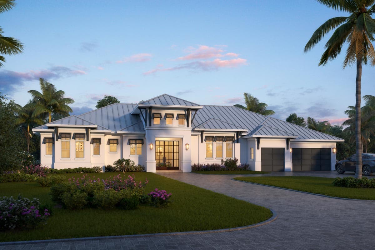 House plan exterior: Single-story Modern house with metal roof, central covered entry, and attached three-car garage.