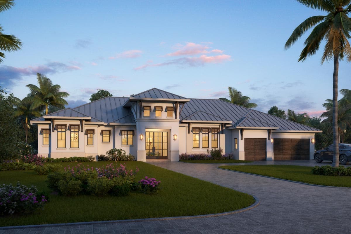 House plan exterior with a single story, metal roof, and attached two-car garage. Features include a covered entry and multiple gables.