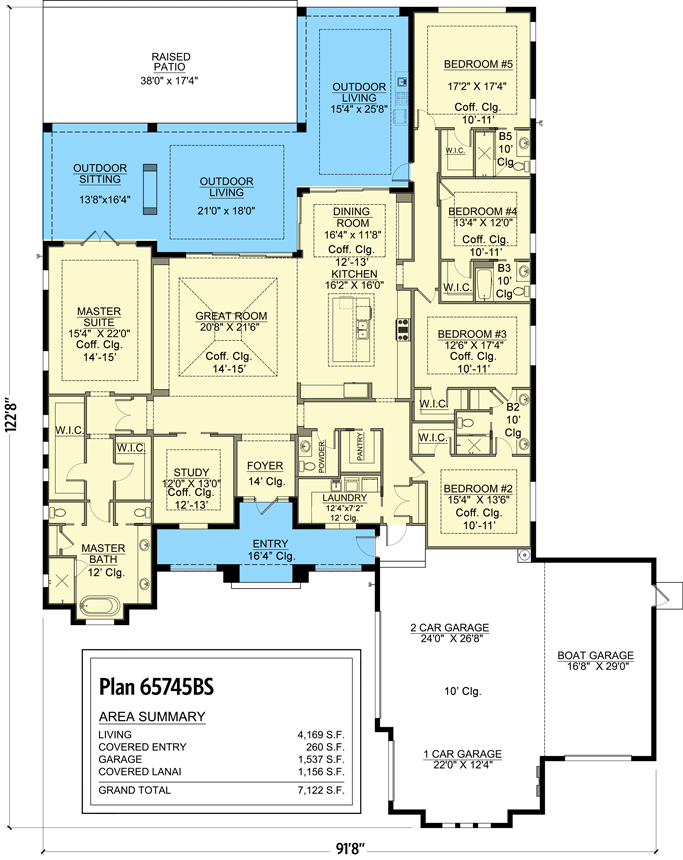 Plan 65745BS: One-level Florida Home Plan with Study and Boat Storage - Floor Plan - Main Level - Coastal, Florida-Style, Southern