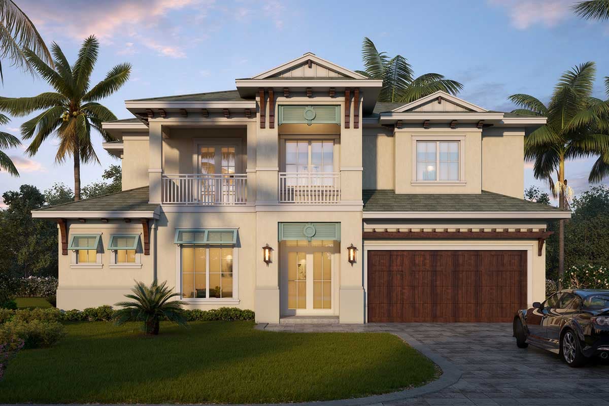 House plan exterior. Two-story, coastal style with balcony, dormers, and a garage. Features light-colored stucco and a dark wood garage door.