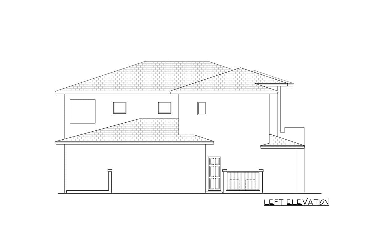 Left elevation drawing of a two-story house plan showing multiple gables, a door, and a fenced area.