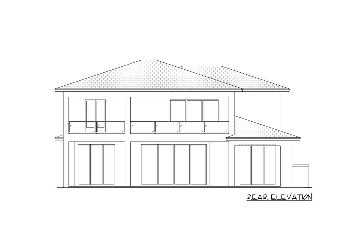 Rear elevation of a two-story house plan with a hip roof, balconies, and numerous windows.