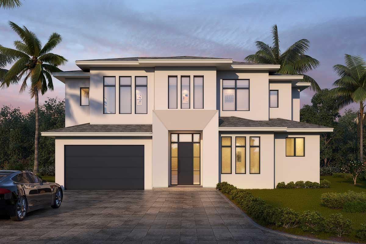 Modern house plan exterior with two stories, flat roof, rectangular windows, and a front-facing garage. Includes a covered entryway.