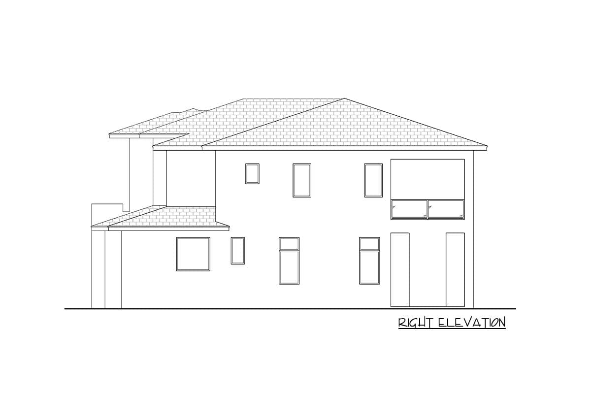 Right elevation drawing of a two-story house plan with gabled rooflines and varied window placement.