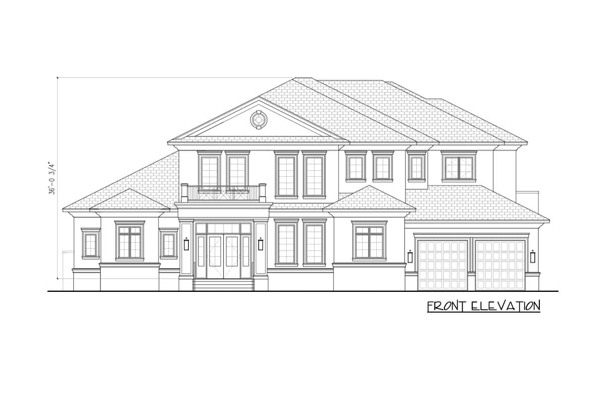 Front elevation of a two-story house plan featuring a portico, balcony, multiple gables, and a side-facing three-car garage.