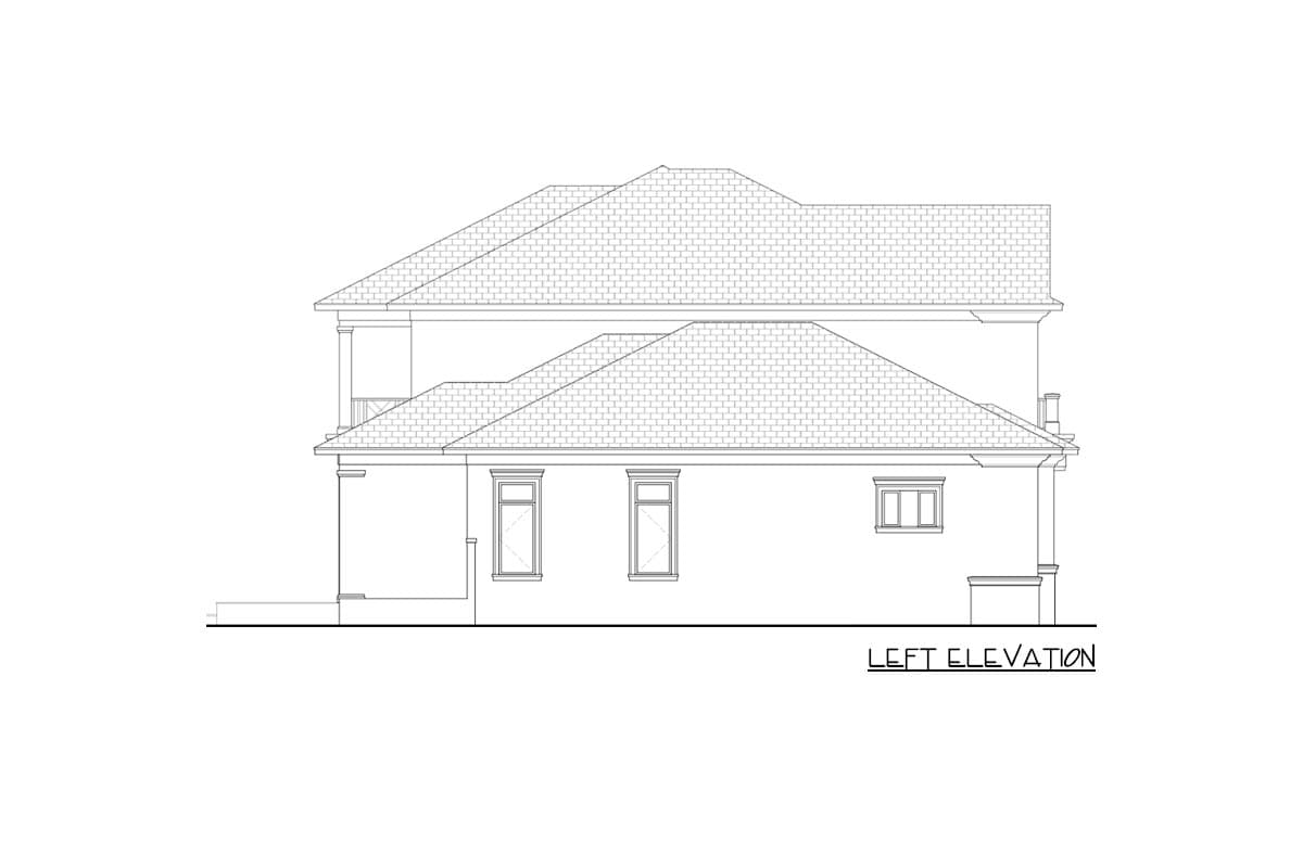 Left elevation drawing of a two-story house plan showing multiple rooflines, a covered balcony, and rectangular windows.