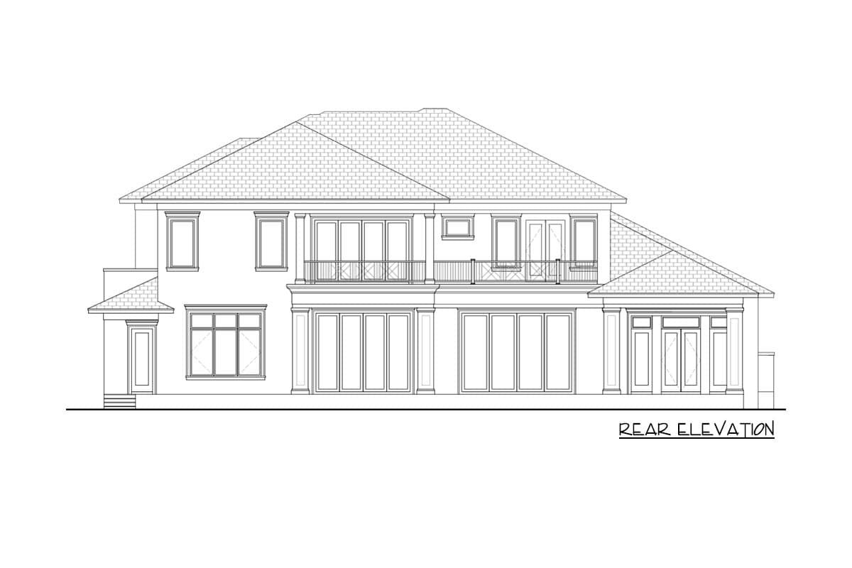 Rear elevation house plan showing a two-story home with a hip roof, multiple balconies, and large glass doors.